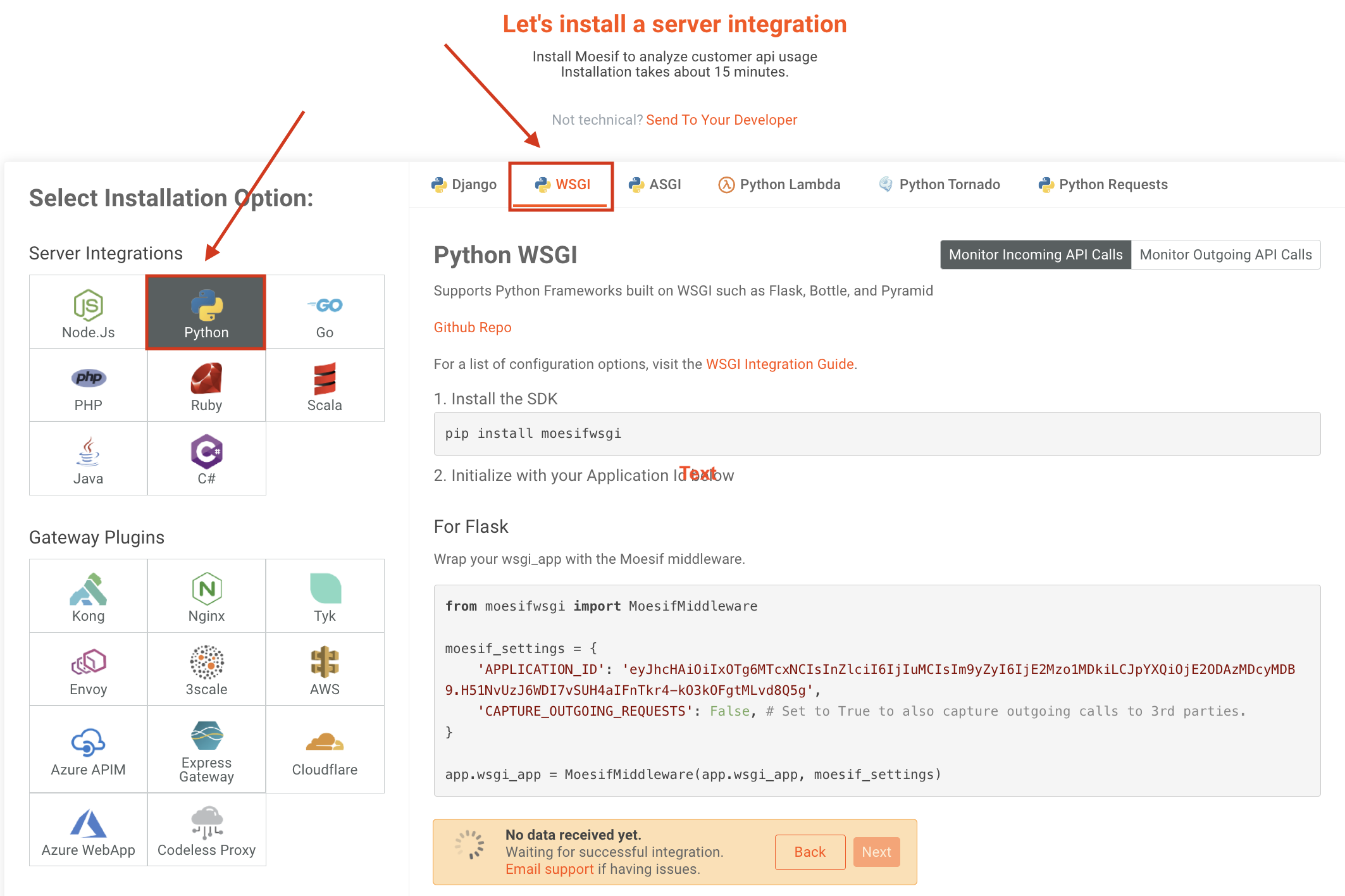 Moesif config screen with Python Requests integration info displayed